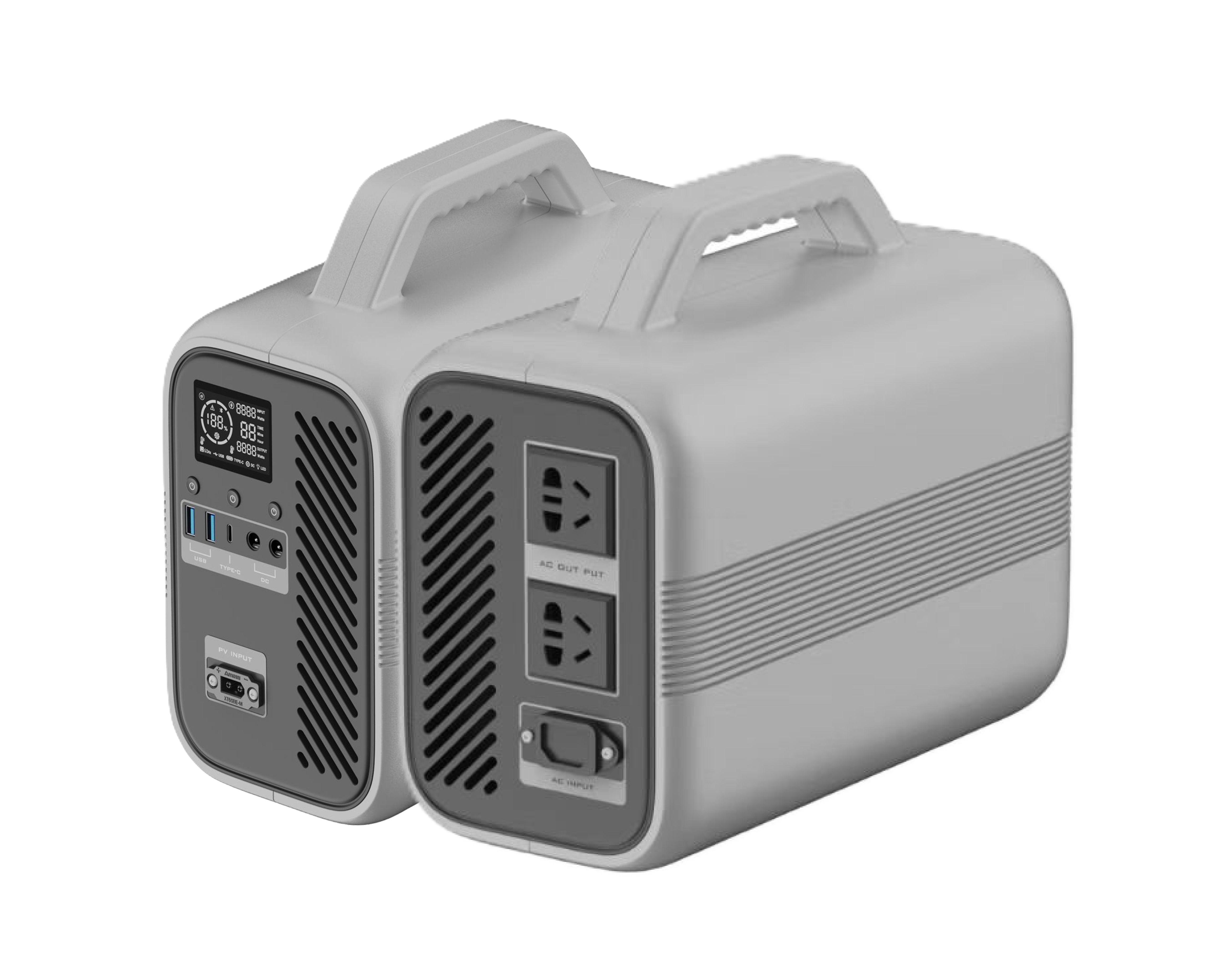 2度电固态便携储能设备侧面图,银色金属外壳,大容量电池组,坚固把手,专业防护设计